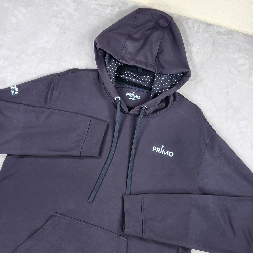 Primo Hoodie Mens Large Black Performance Stretch Pullover Kangaroo Pocket Logo